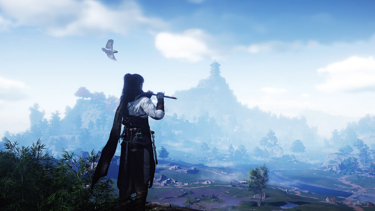 A character plays a flute while a dove soars overhead.