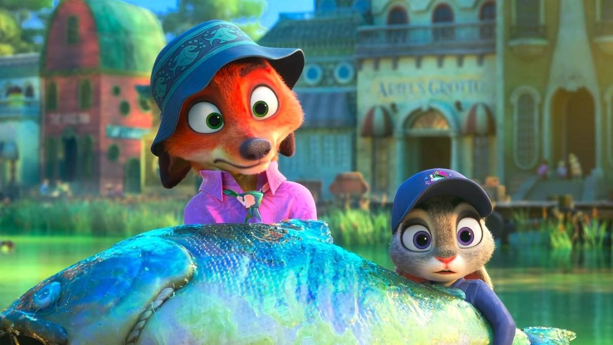 Nick and Judy holding a giant fish.