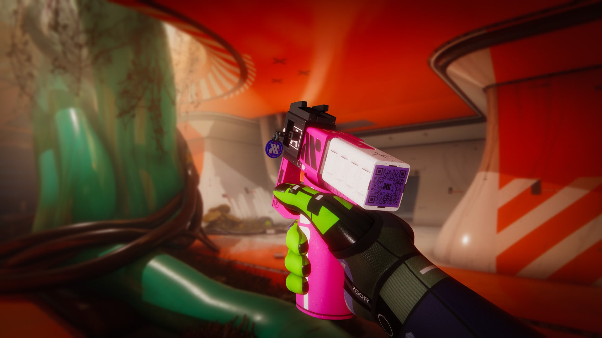 A runner holds up a sci-fi gun.