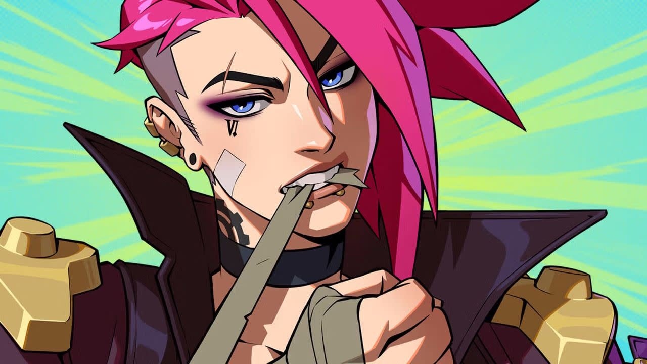 A pink-haired woman bandages her arm.
