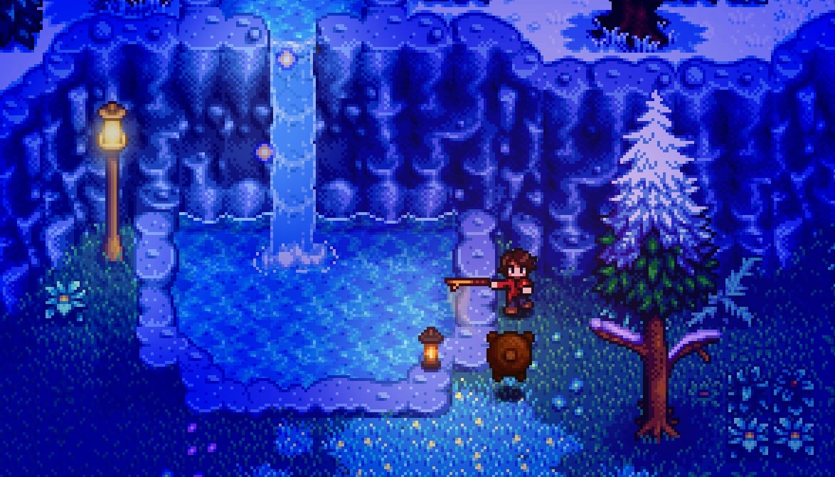 A pixel art sprite holds a stick over a lake.