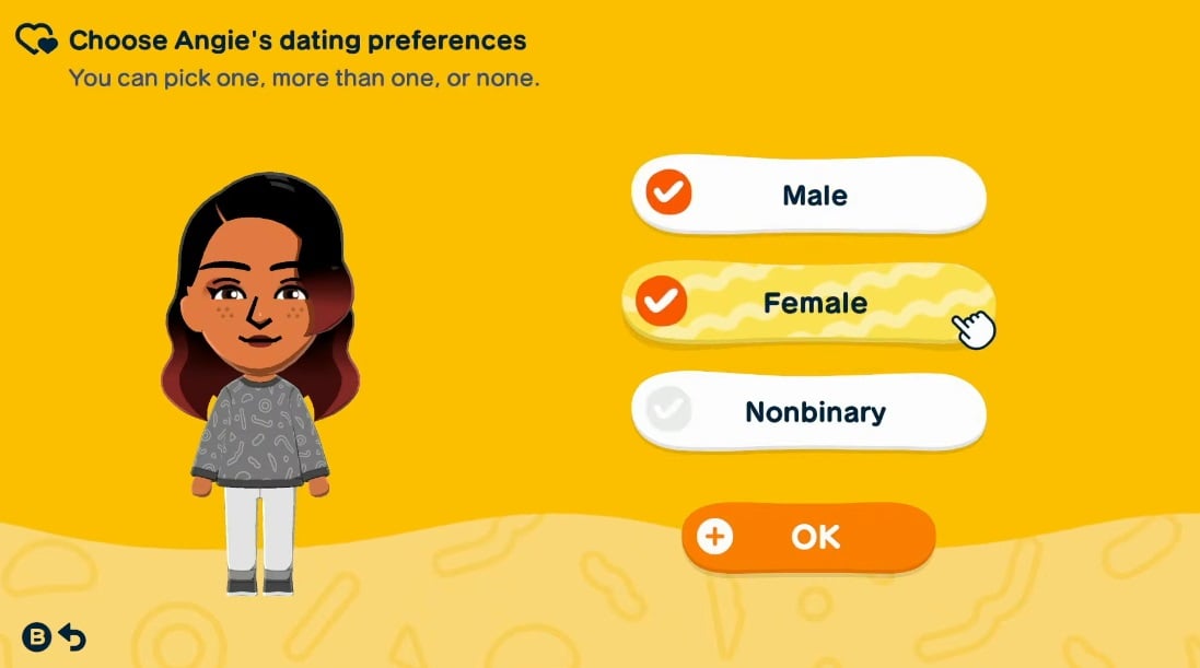 Dating preferences appear on a menu screen. 