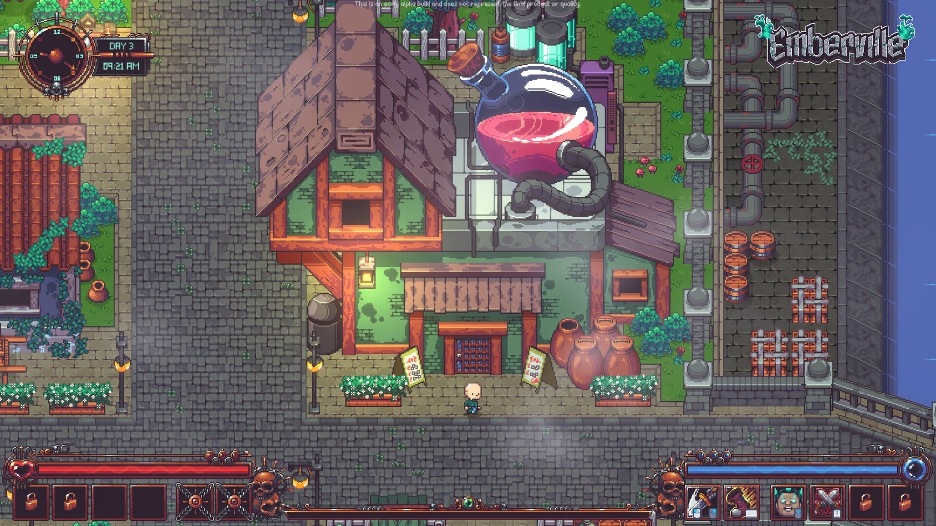 Pixel art shows a top-down village.