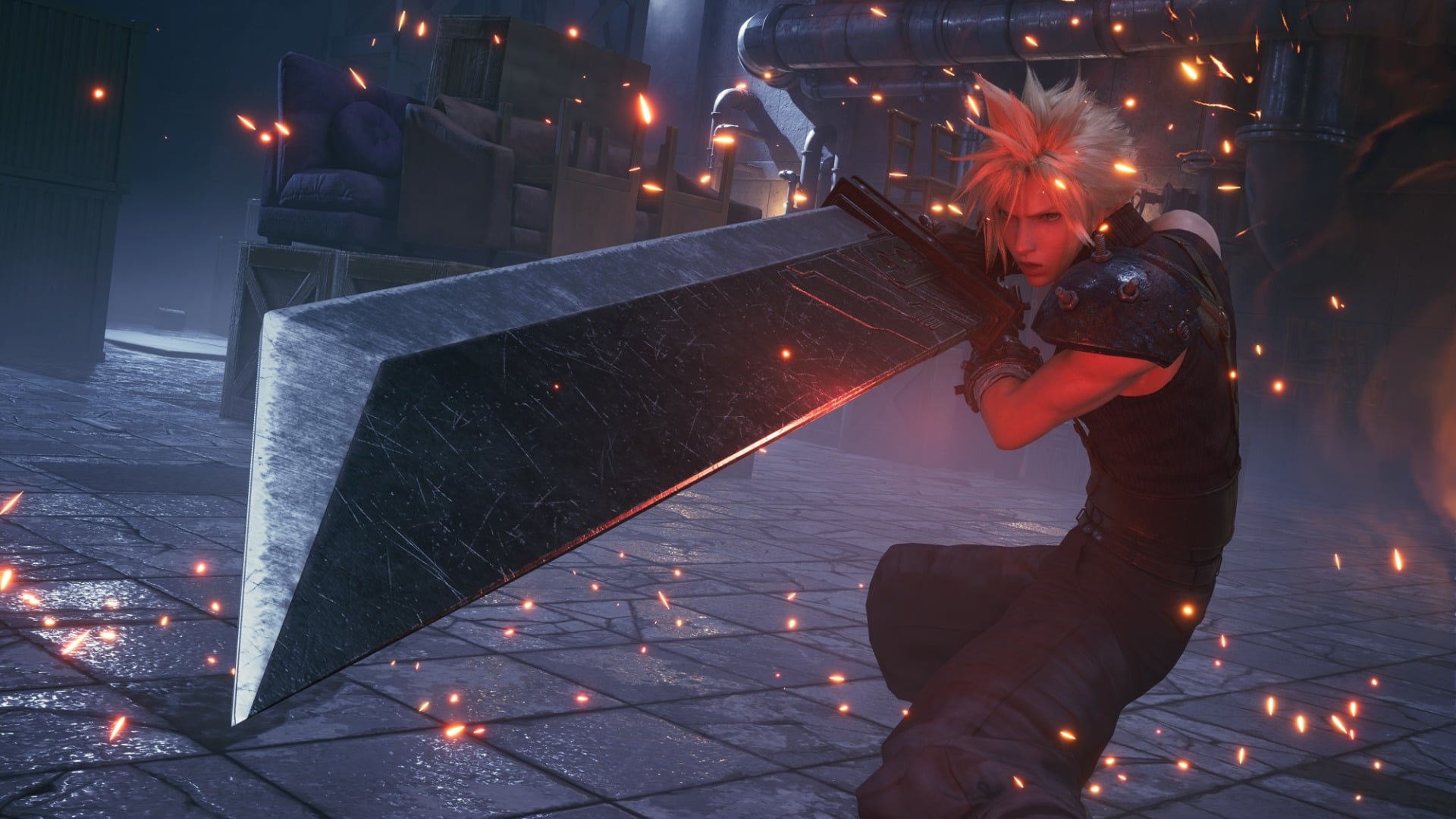 Cloud pulls out a big sword.
