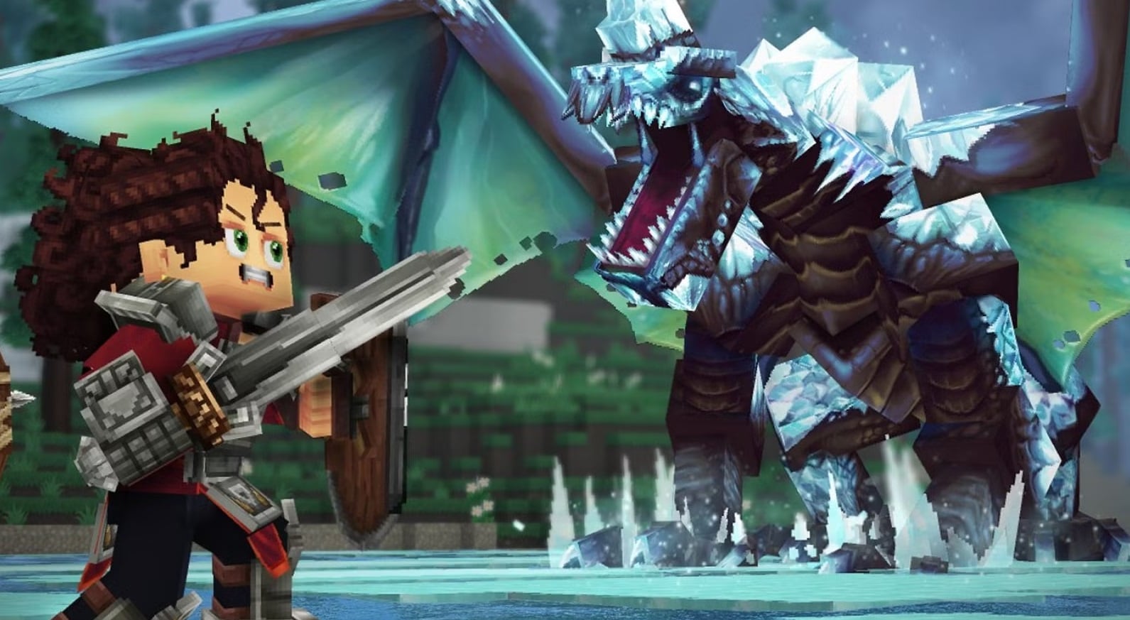 A voxel warrior fights a dragon.