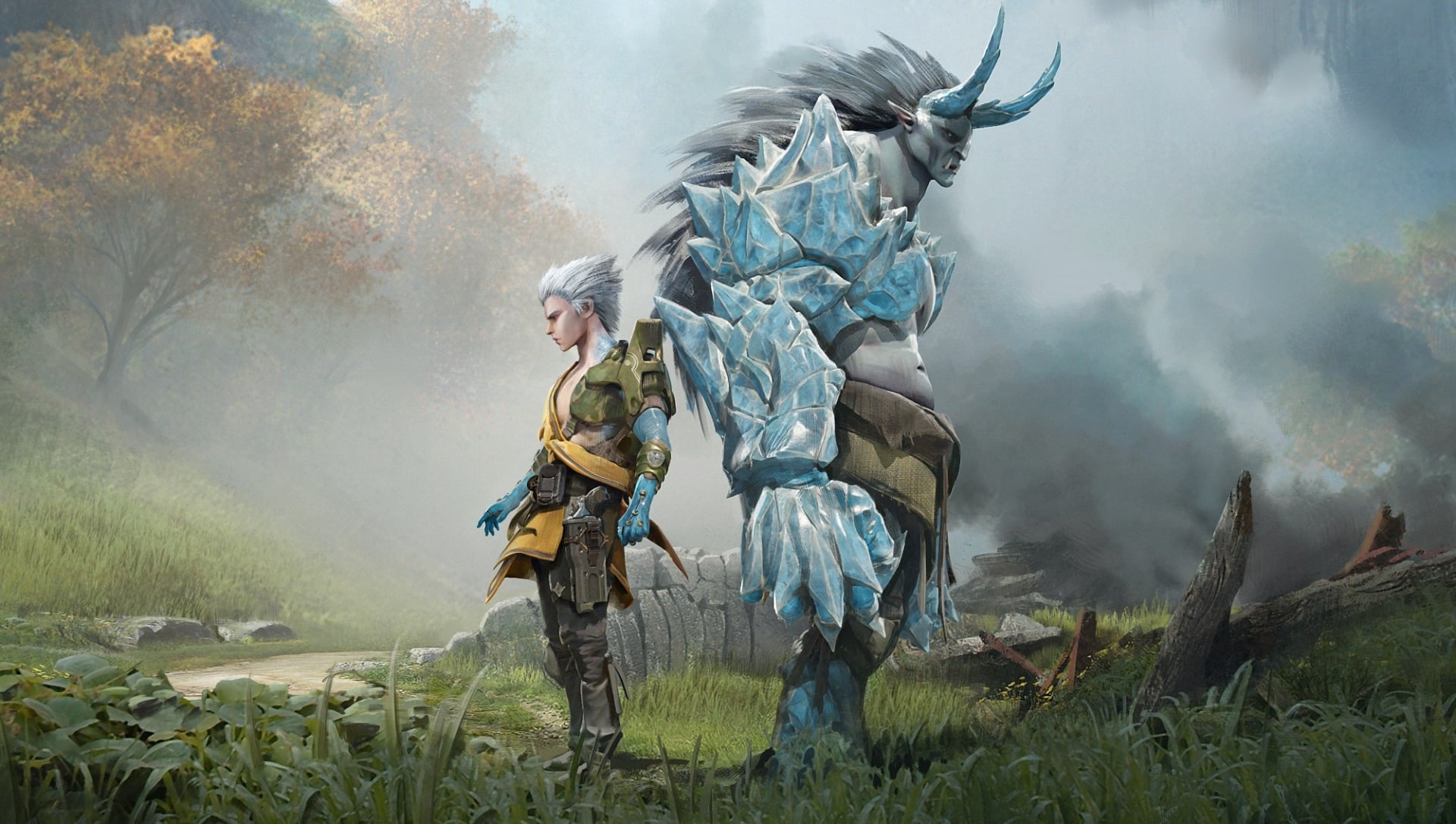 A blue beast and human stand side-by-side. 