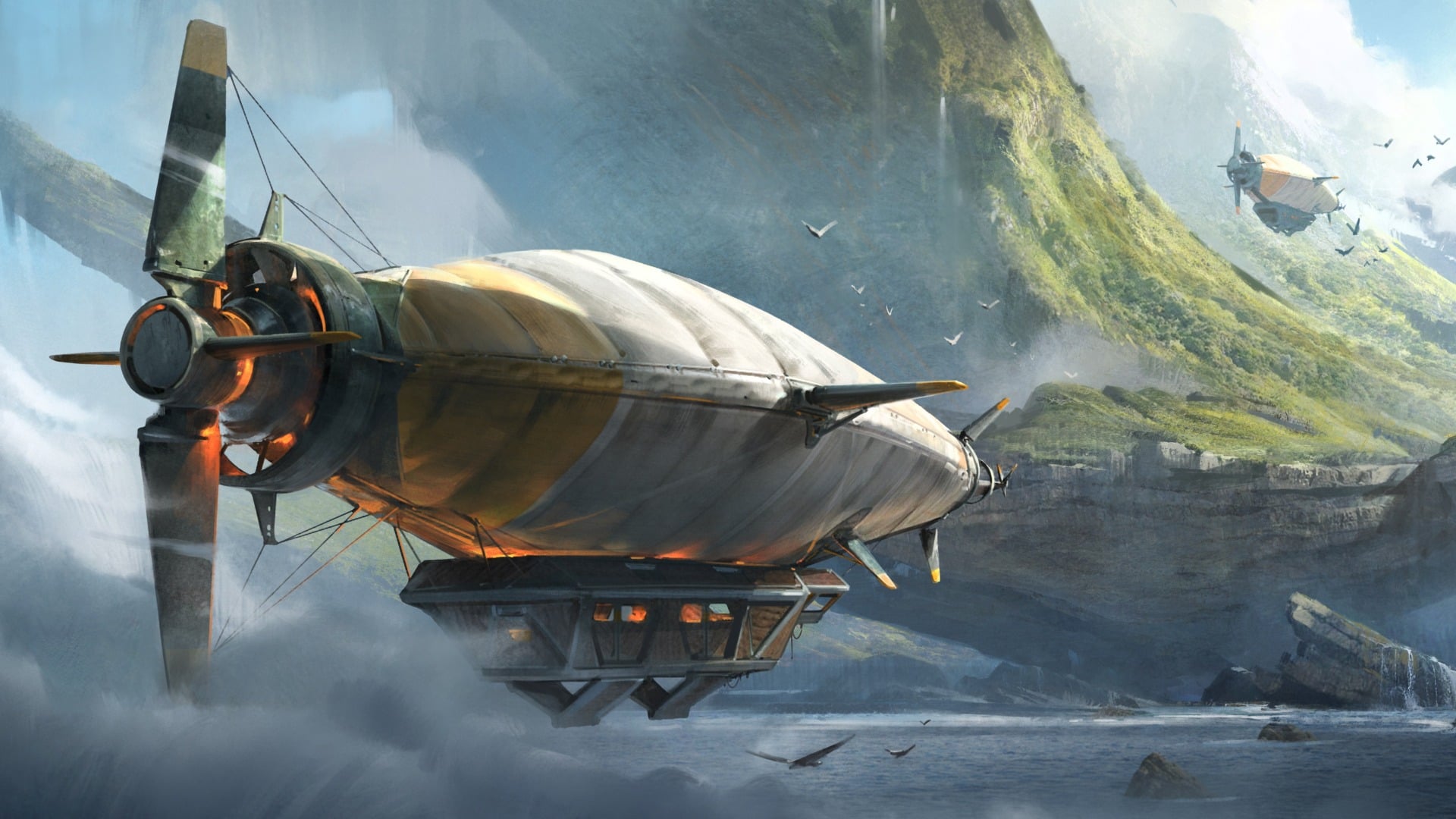 A ship flies through the air. 