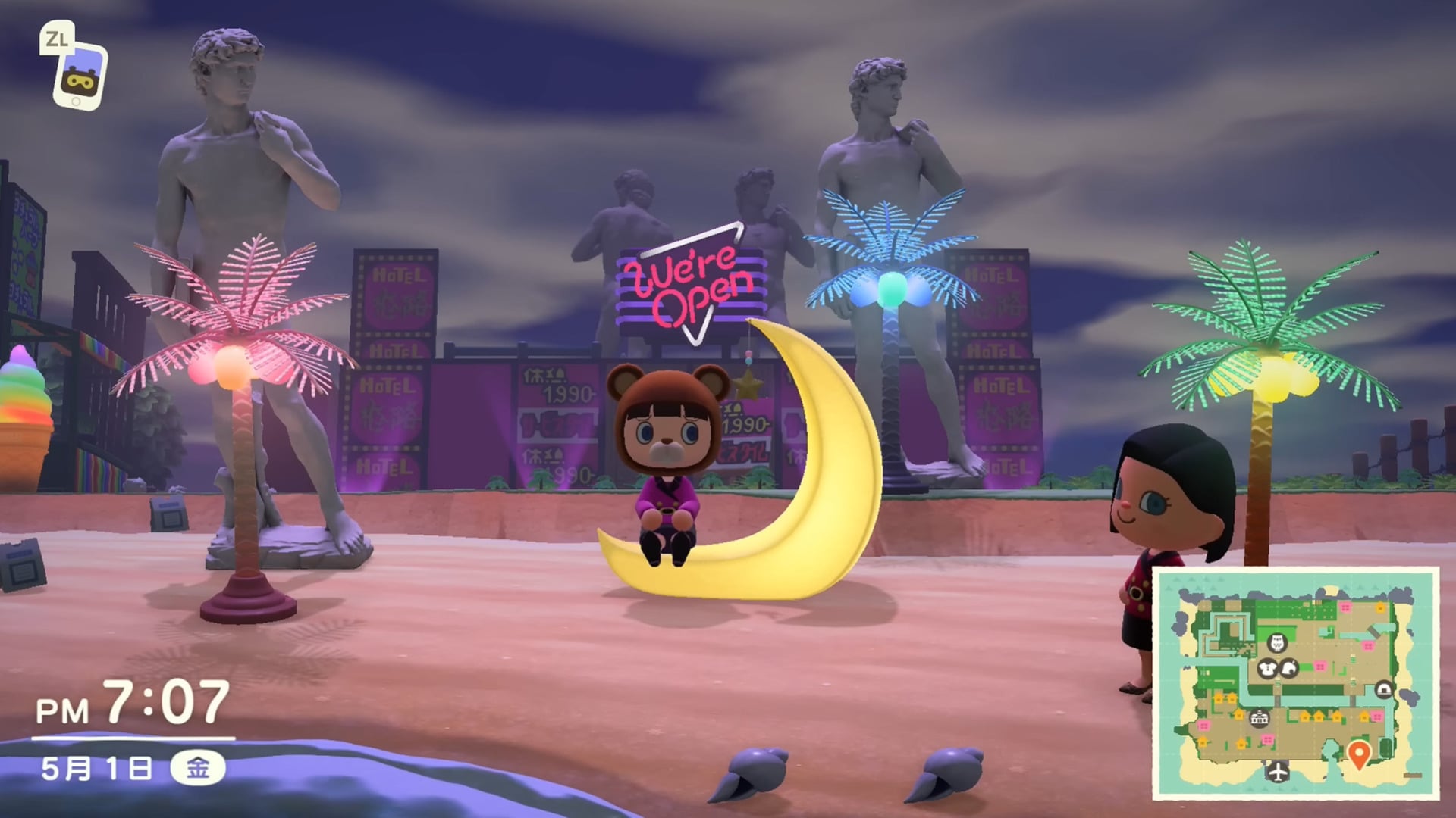 Animal Crossing character sitting on a moon in front of a love hotel