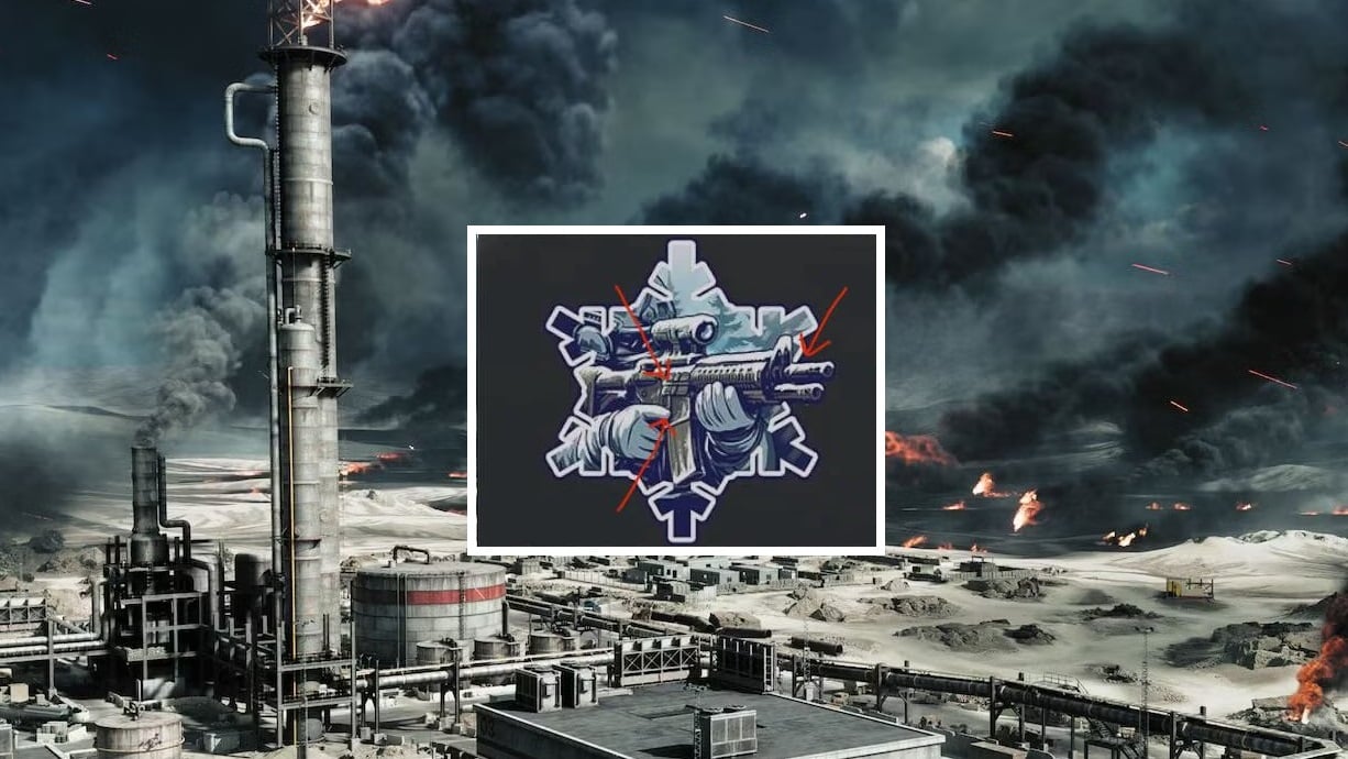 An emblem appears over an oil refinery.