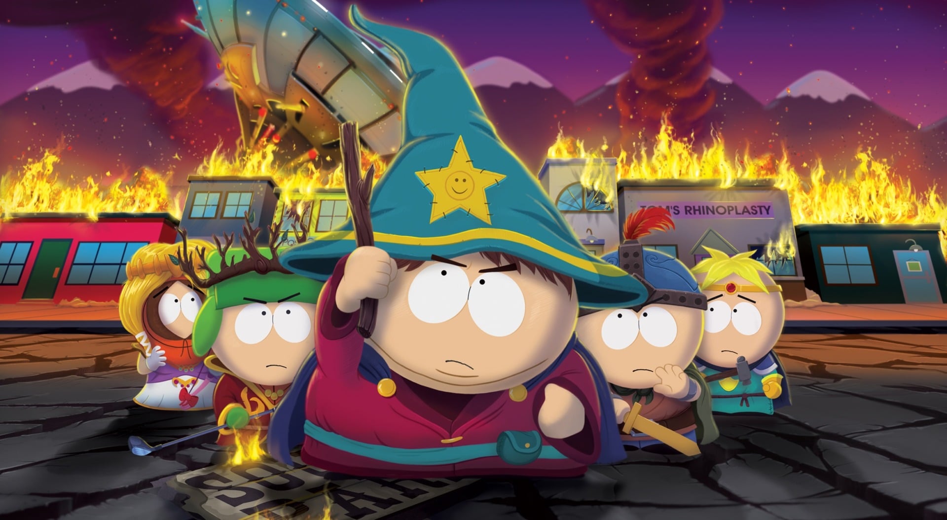 Cartman holds up the stick of truth in a video game.