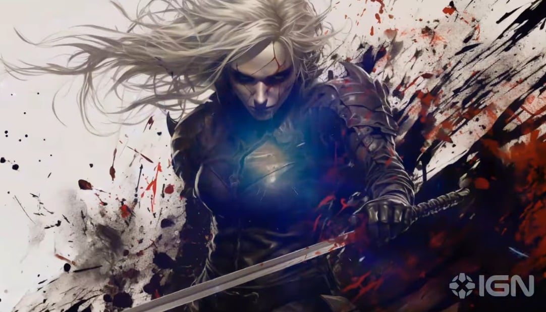 Art shows a woman with white hair and a sword.