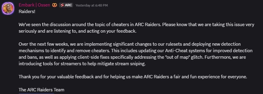 Embark's statement on addressing cheaters.