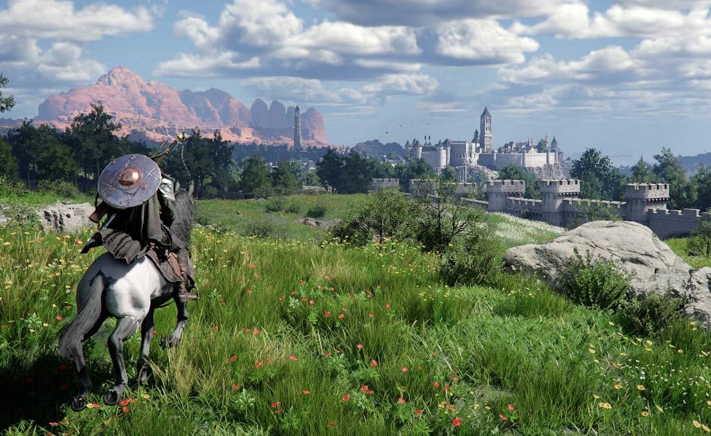 A warrior on a horse looks out at a giant map.