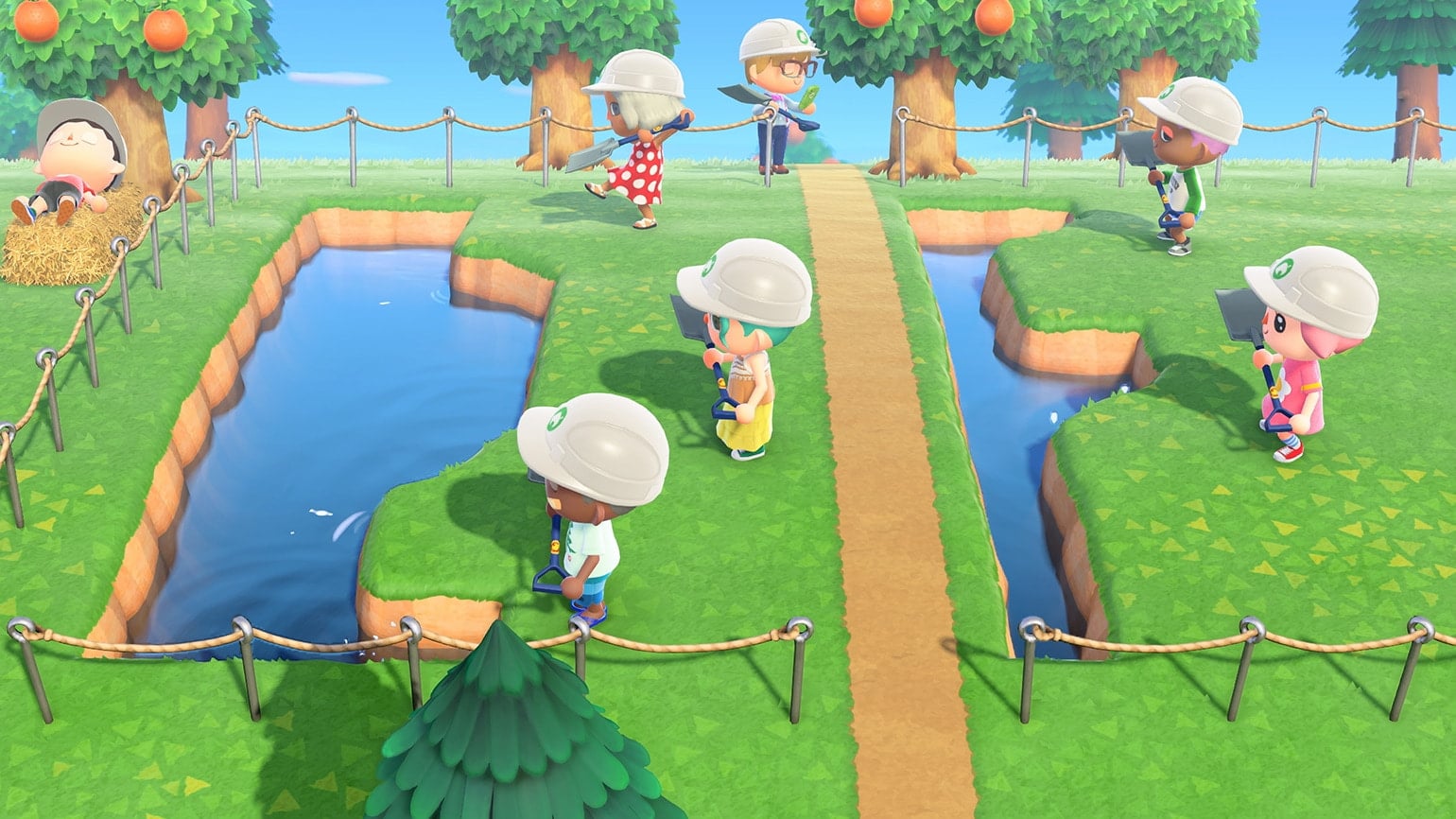 Animal Crossing: New Horizons gathering with hard hats 