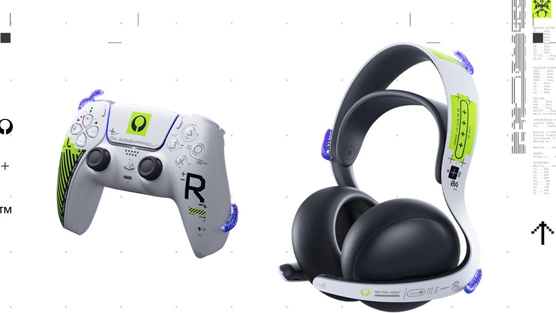 A PS5 headset and controller appear next to each other.