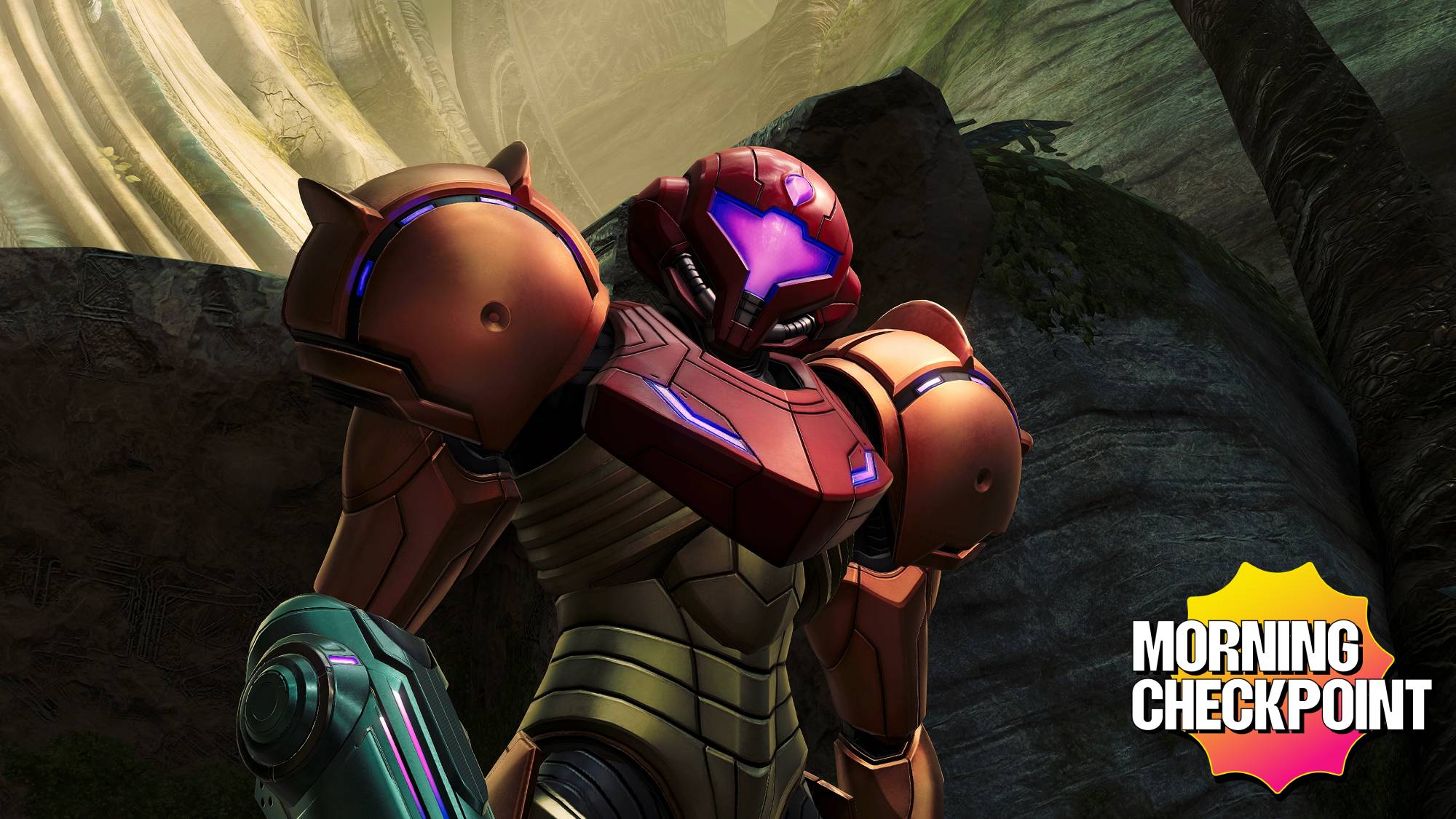 Samus Aran looks at the camera.