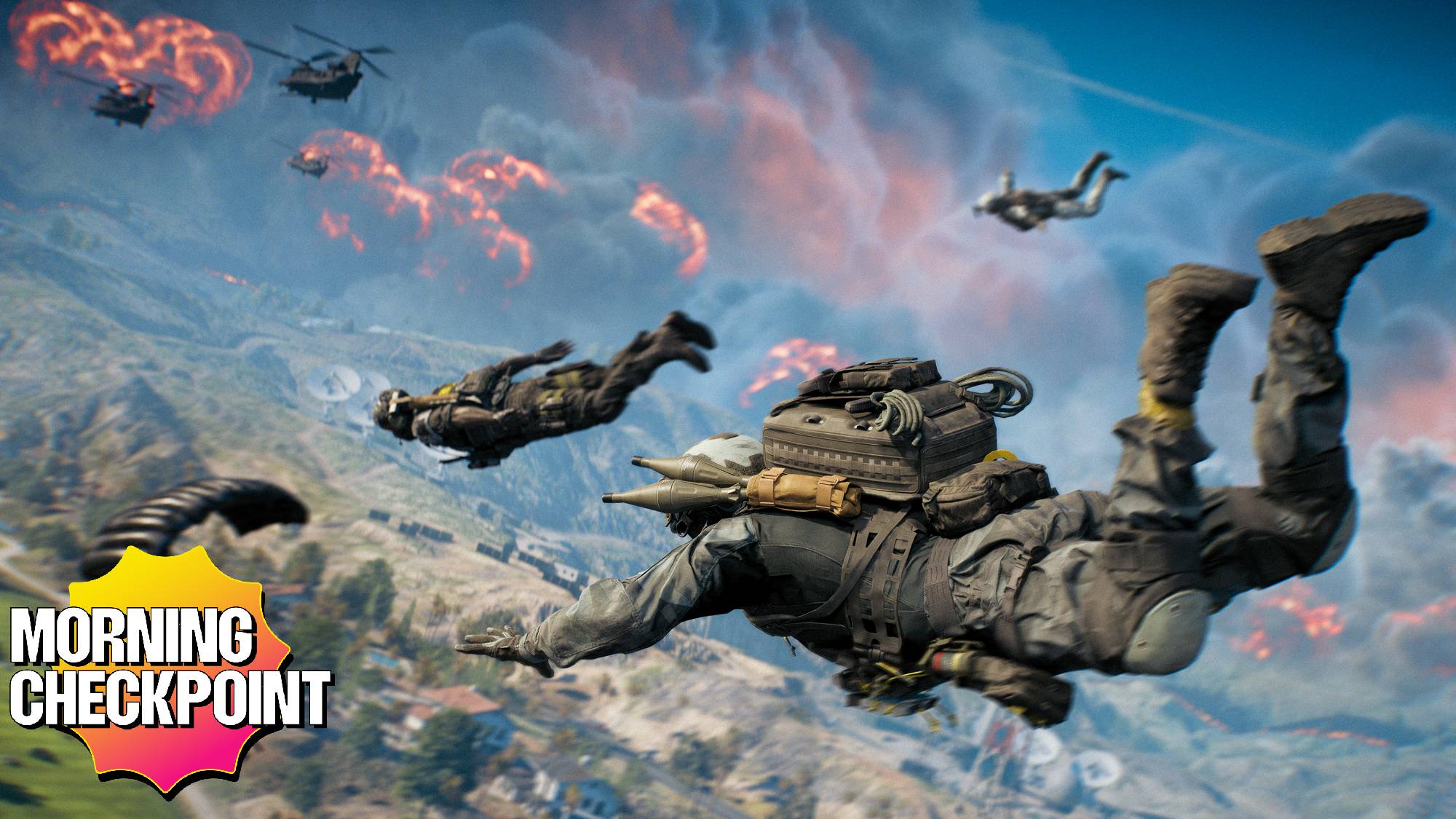 Soldiers drop from the sky.