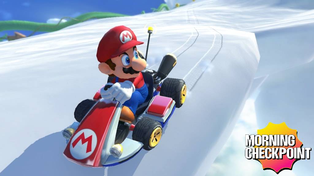 Mario drives down a snow bank.
