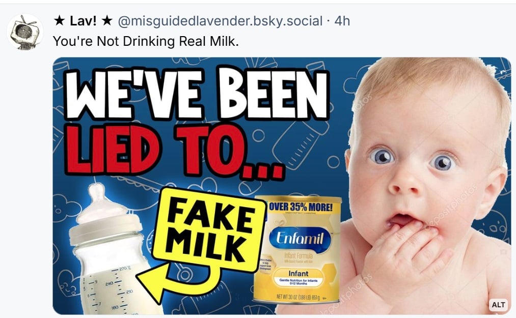 A baby is worried about fake milk. 