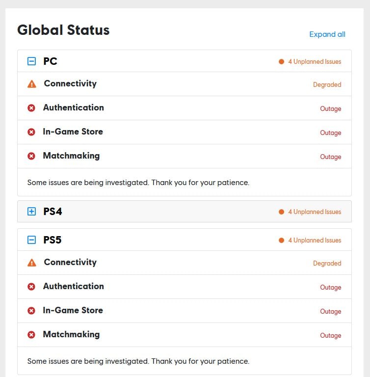 Server status for R6 Siege.