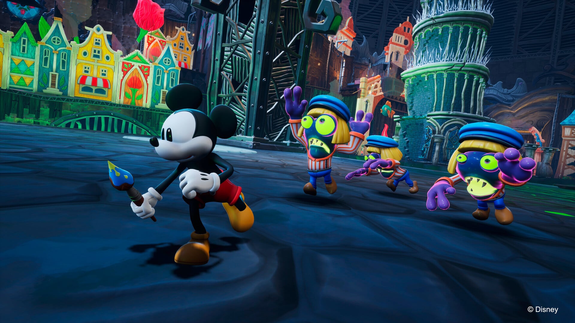 Mickey is chased by enemies.