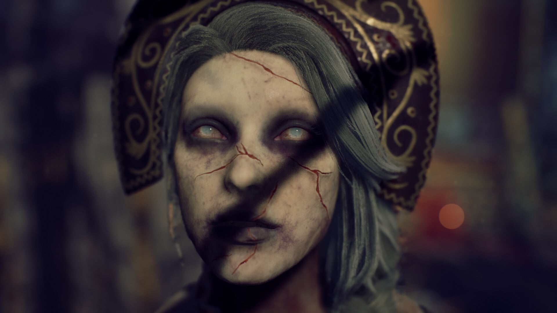 A woman wears a scary white mask.