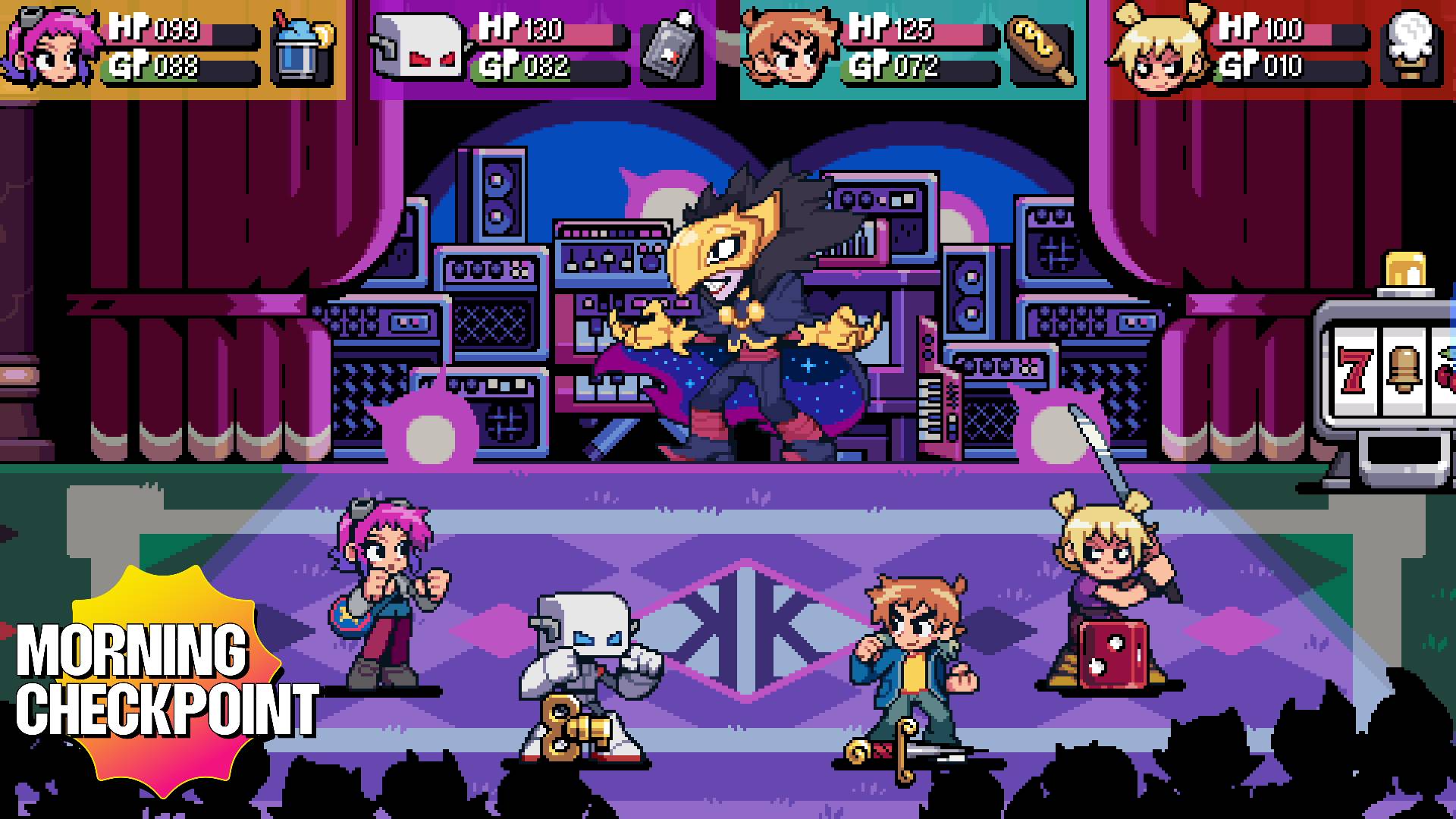 Scott Pilgrim fights with his friends at a concert.