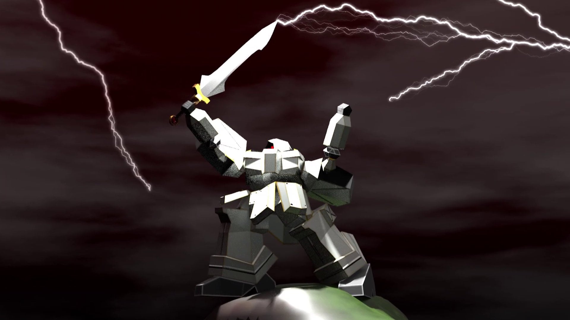 A polygonal robot holds up a sword.