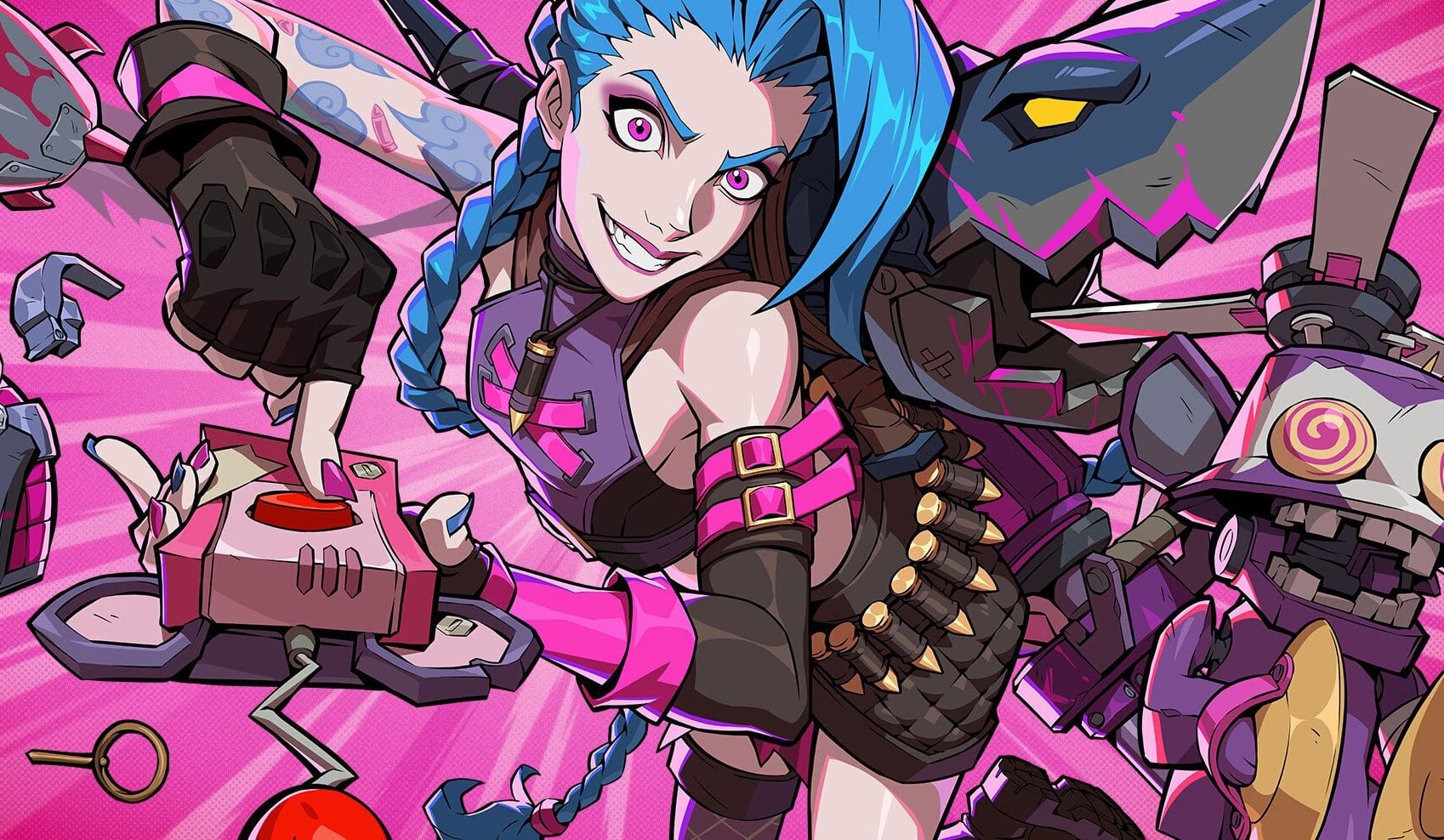 A blue-haired woman presses a red button.