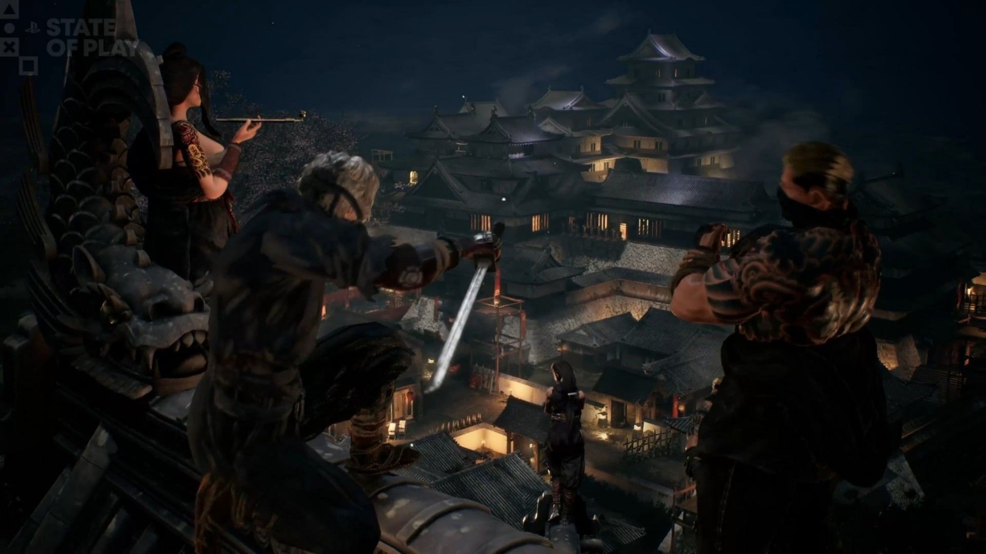 Screenshot from Yakoh Shinobi Ops featuring a shot of the four player characters sitting on the roof of a Japanese style compound at night.