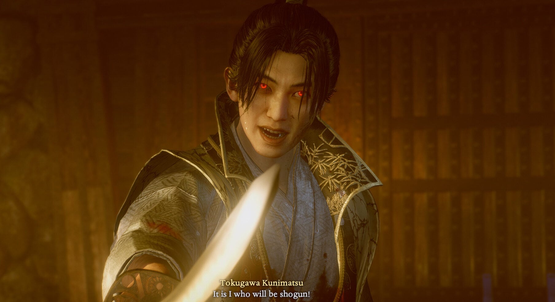 A man holds up a sword.