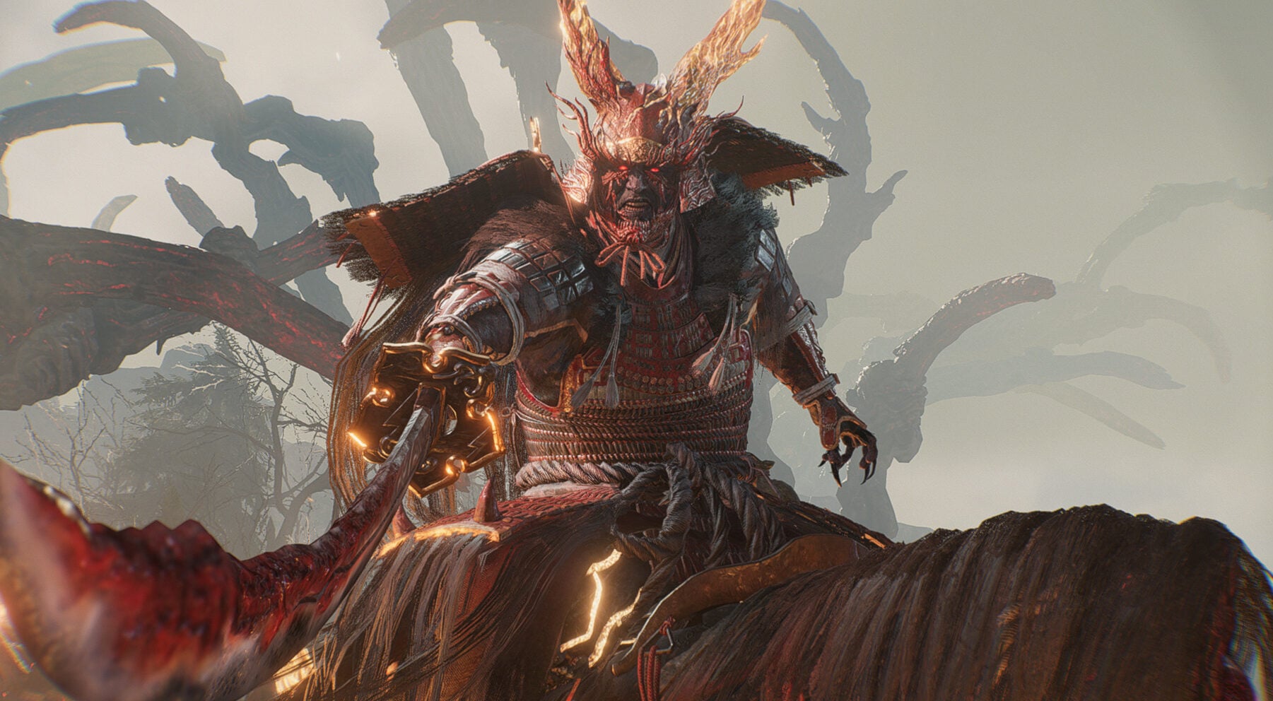 A masked samurai points a spear.