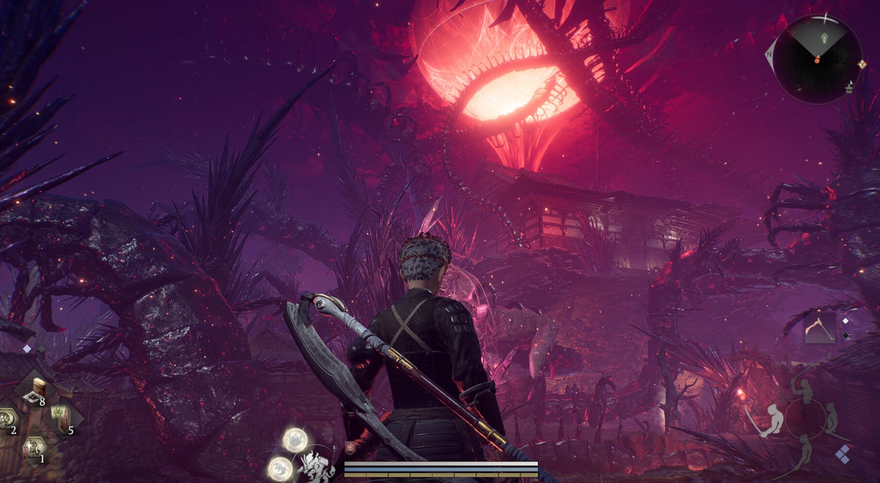 A warrior looks up a the sky.