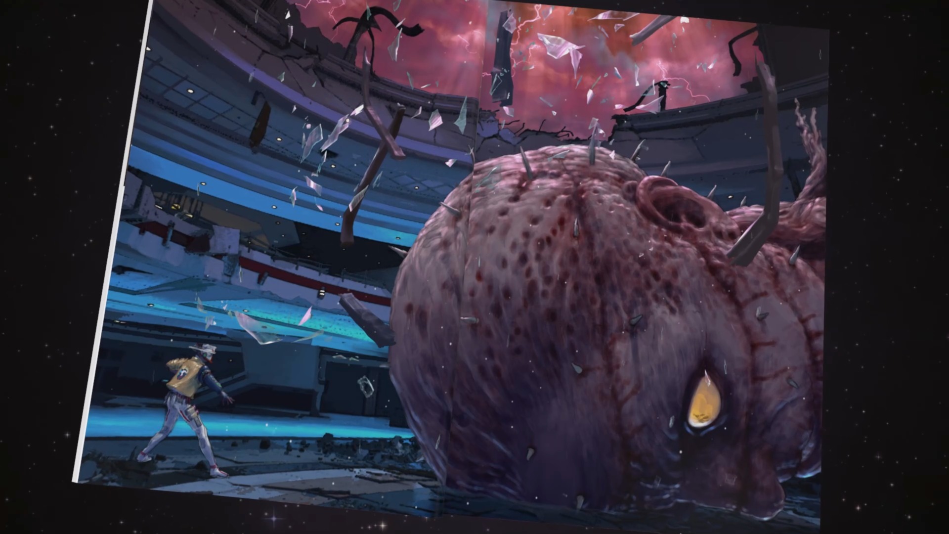 A giant zombie head sits in a courtyard.