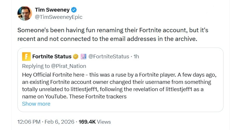 Tim Sweeney comments on Epstein conspiracies. 