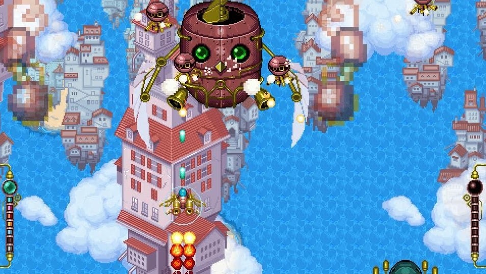 Colorful pixel art shows a shoot 'em up.