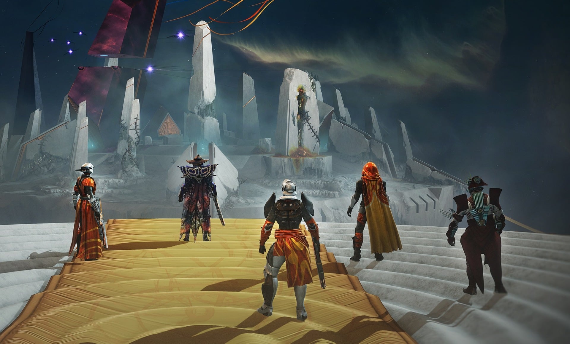 Guardians look out over a distant raid fortress.