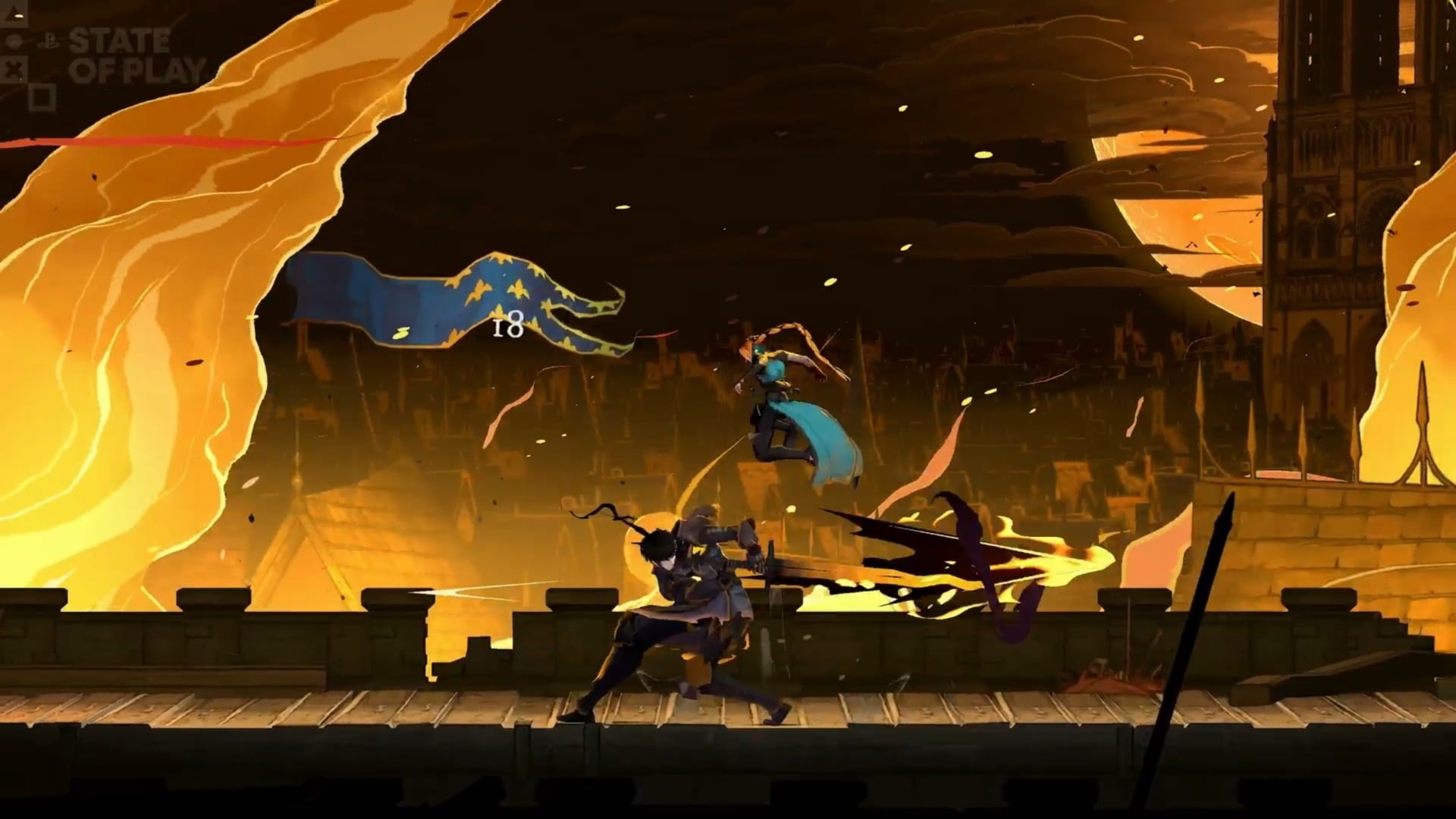A 2D character fights on platforms.