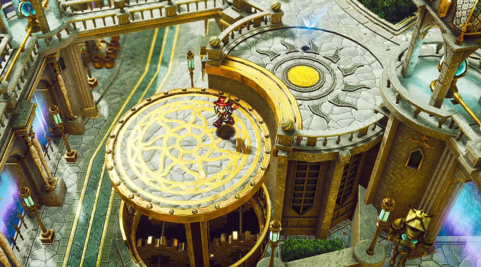 A pixel sprite adventure stands on gold platforms.