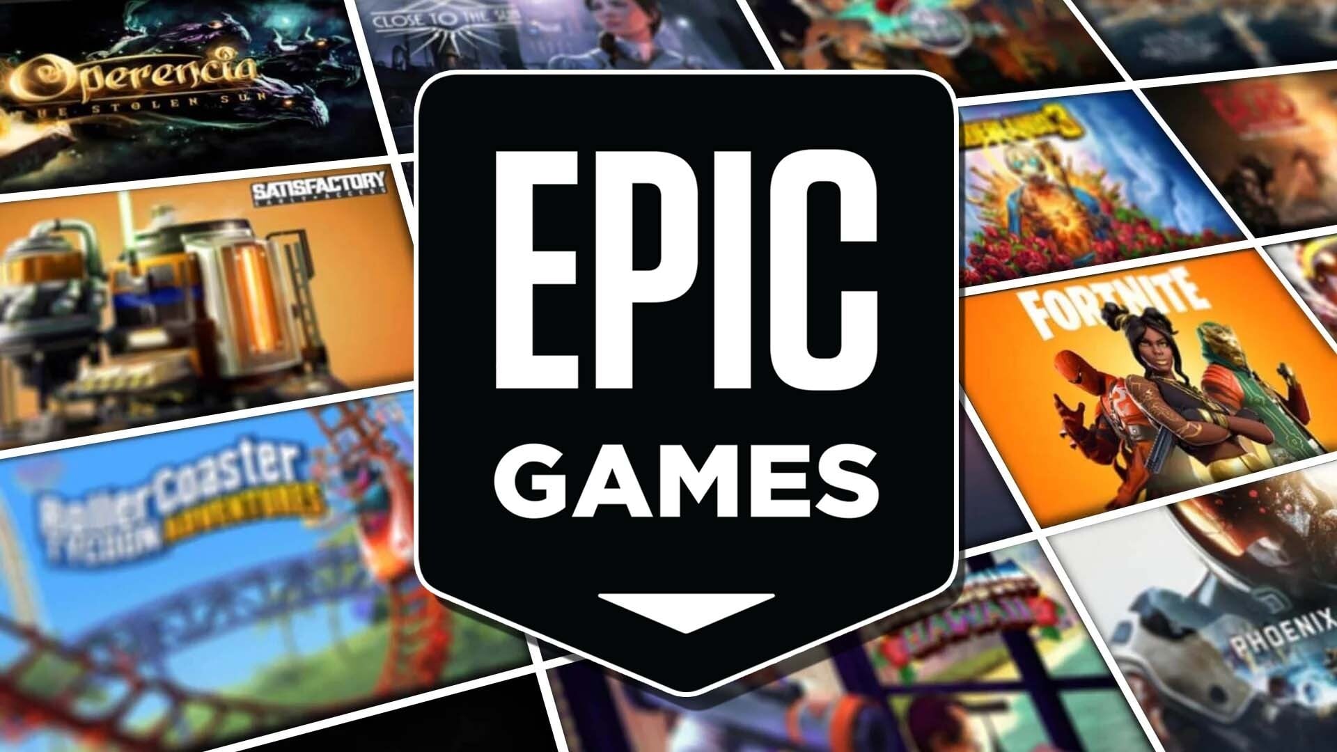 The Epic Games logo appears overtop art for games.
