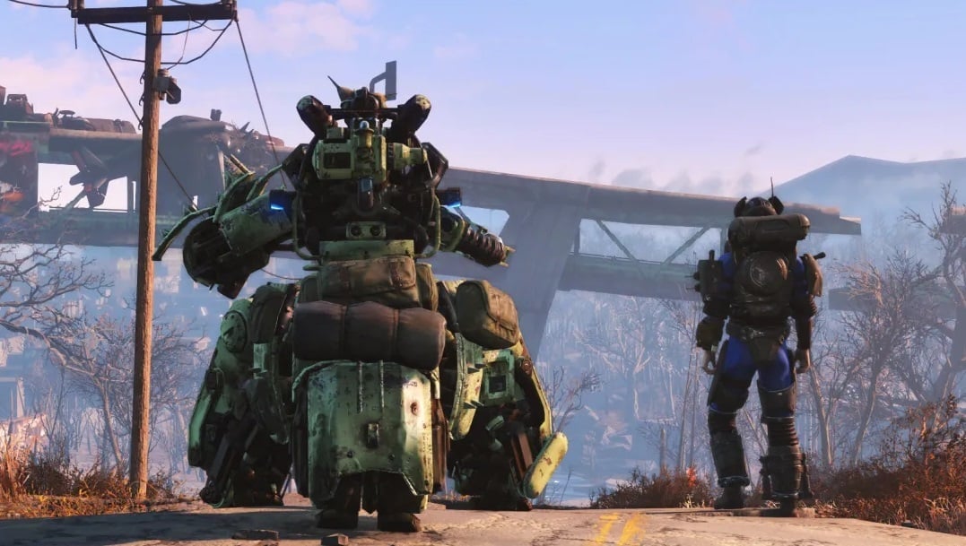 A robot and a wastelander walk down the street.