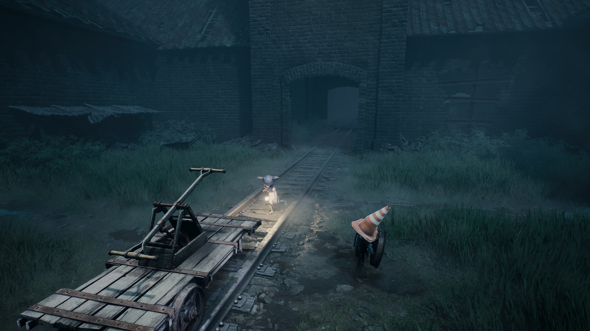 A train cart appears on tracks near a puzzle. 