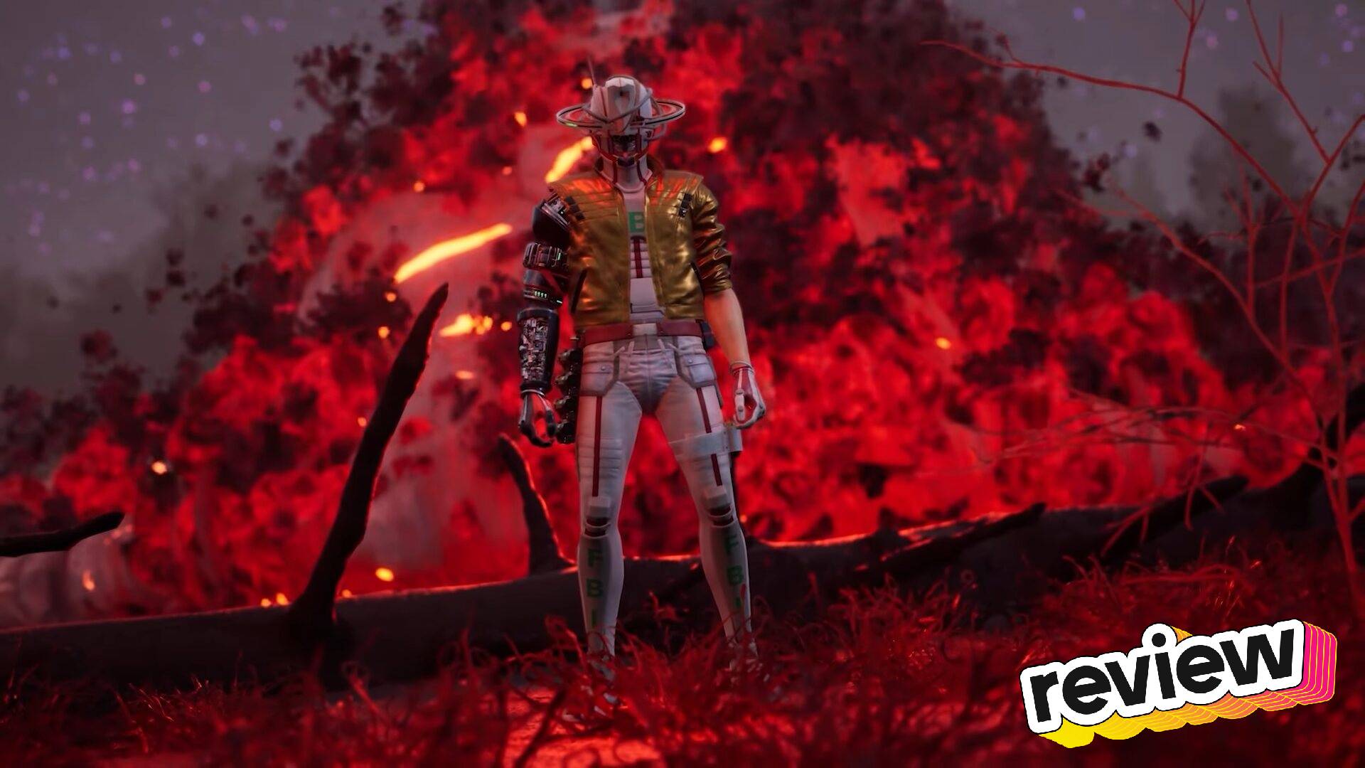 A man in a space helmet is surrounded by red.