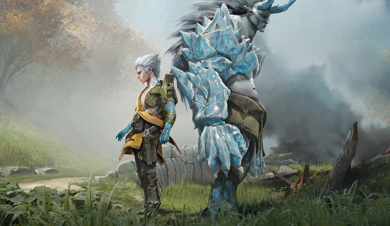 An ice beast and a warden stand back to back.