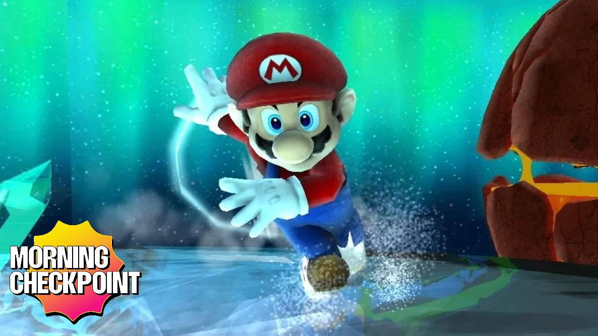 Mario slips on the ice.