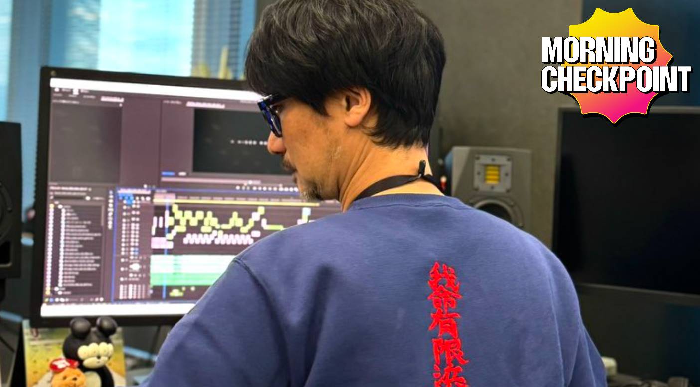 Hideo Kojima works at a computer.