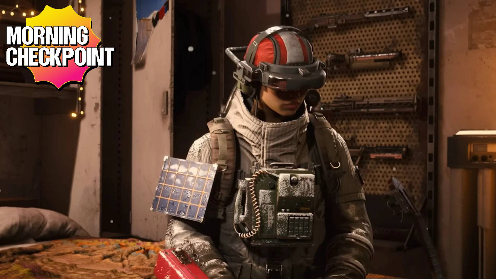 A raider wears a mask in her apartment.