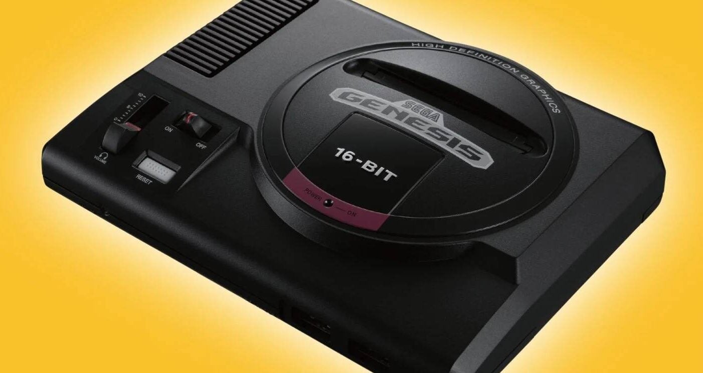 A Sega Genesis appears in front of a yellow background.