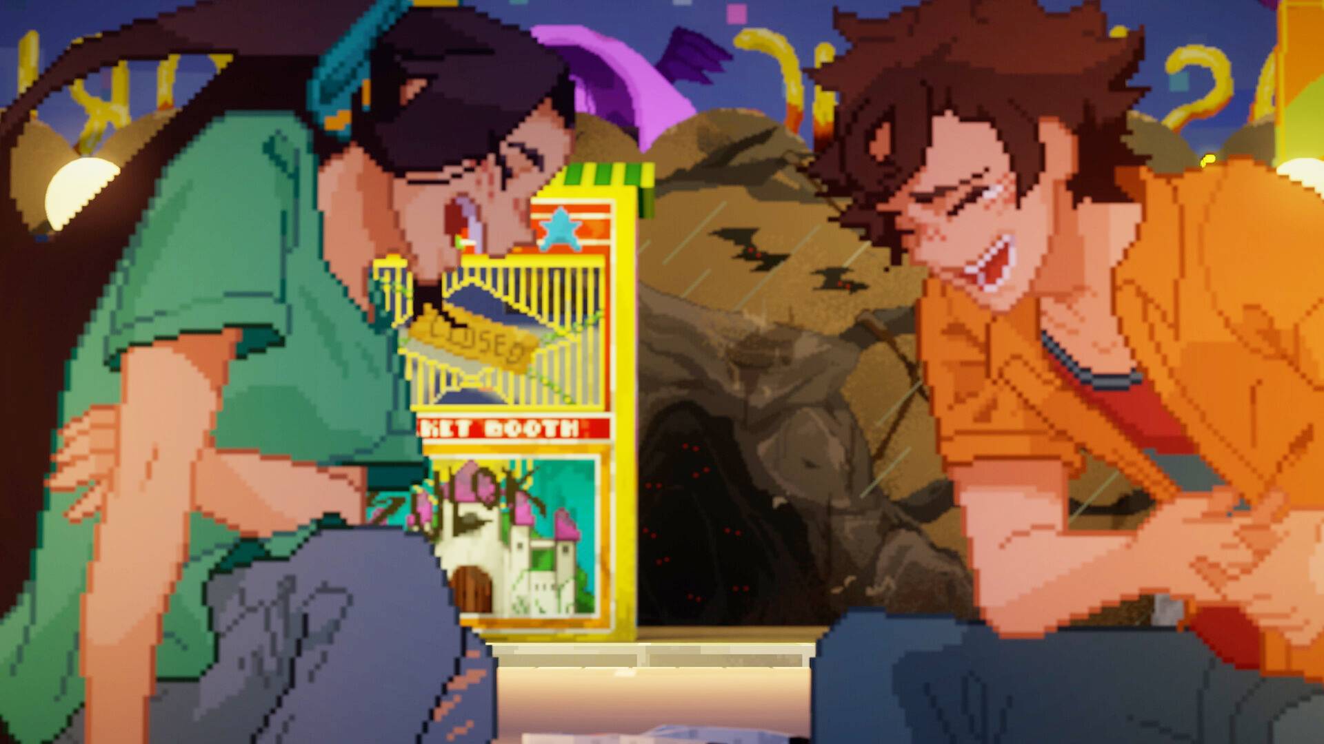 Two pixel art characters laugh.