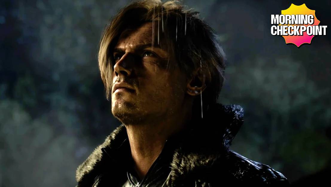 Leon looks up at the rain.